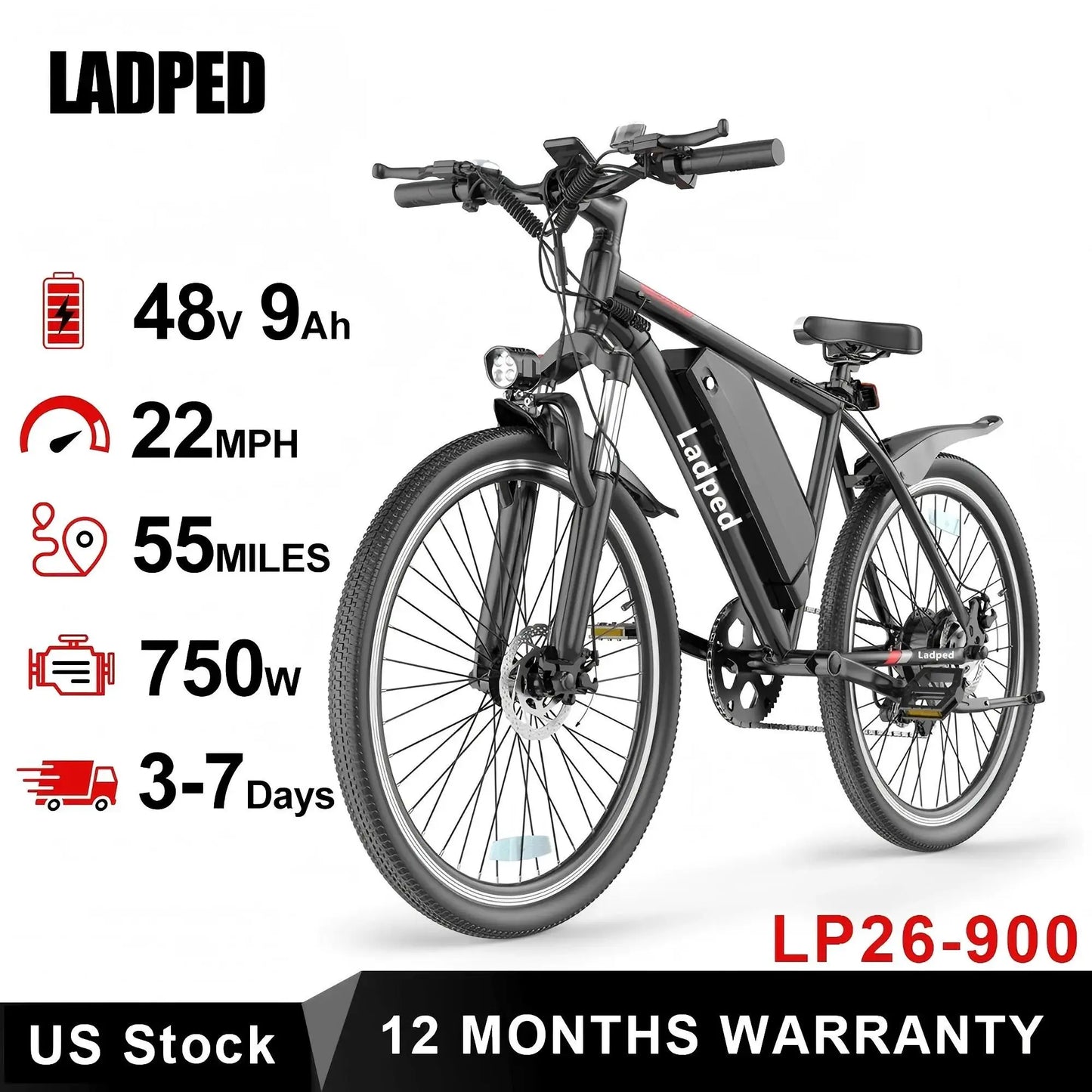 Ladped 750W Electric Mountain Bike Long Range All Terrain