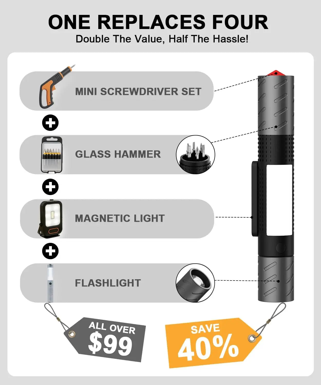 Rechargeable 2300 Lumen COB Flashlight With Glass Breaker 7 Modes