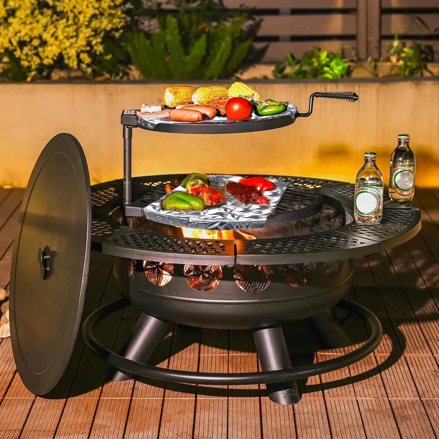 Outdoor Fire Pit With Two Grills And Lid For Backyard
