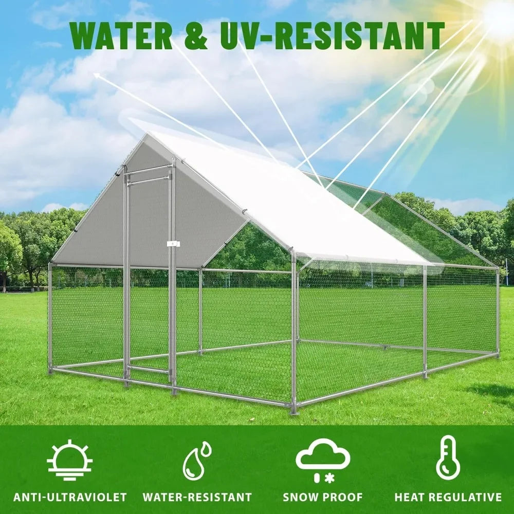 Walk-In Metal Chicken Coop With Waterproof UV Cover Outdoor Run