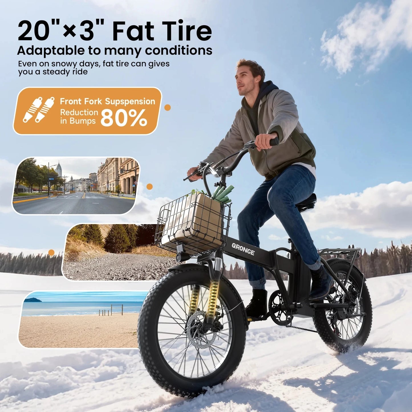 QRONGE Folding Electric Bike 1000W Peak With Removable Battery