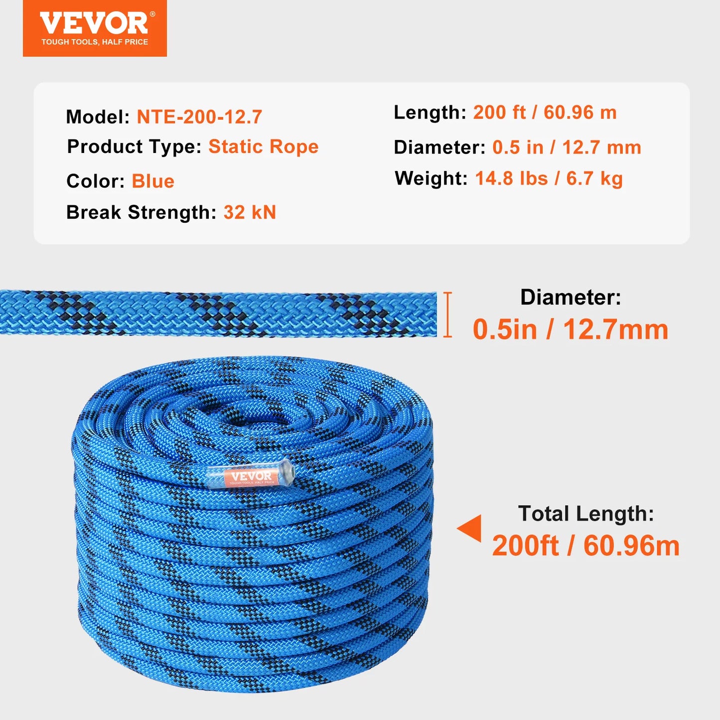 VEVOR Static Climbing Rope With Steel Snap Hooks 32kN
