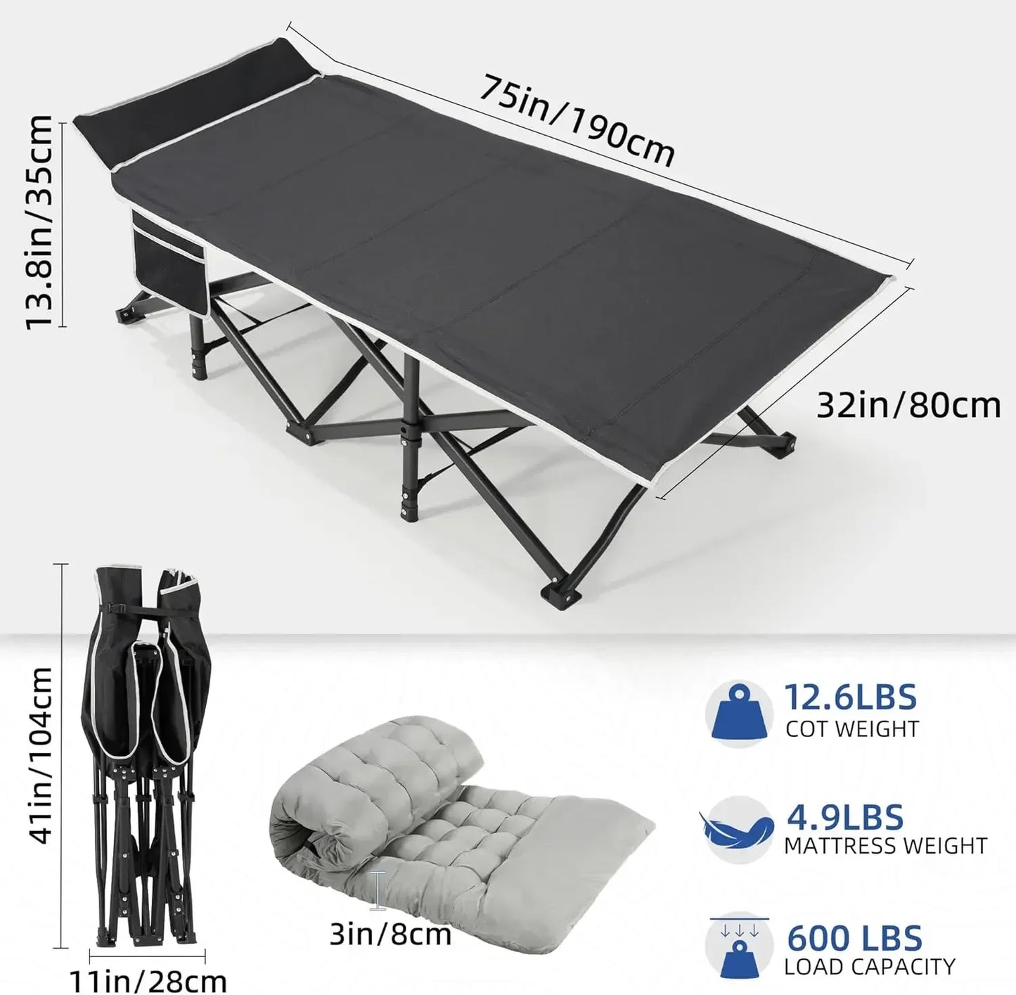 Camping Cot With Mattress For Adults Holds Up To 600 Lbs
