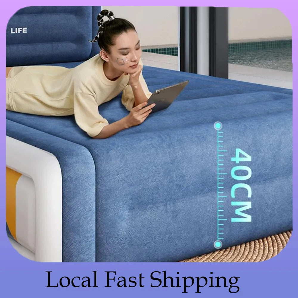 Two-Person Flocked Inflatable Mattress For Camping With Built-In Pump