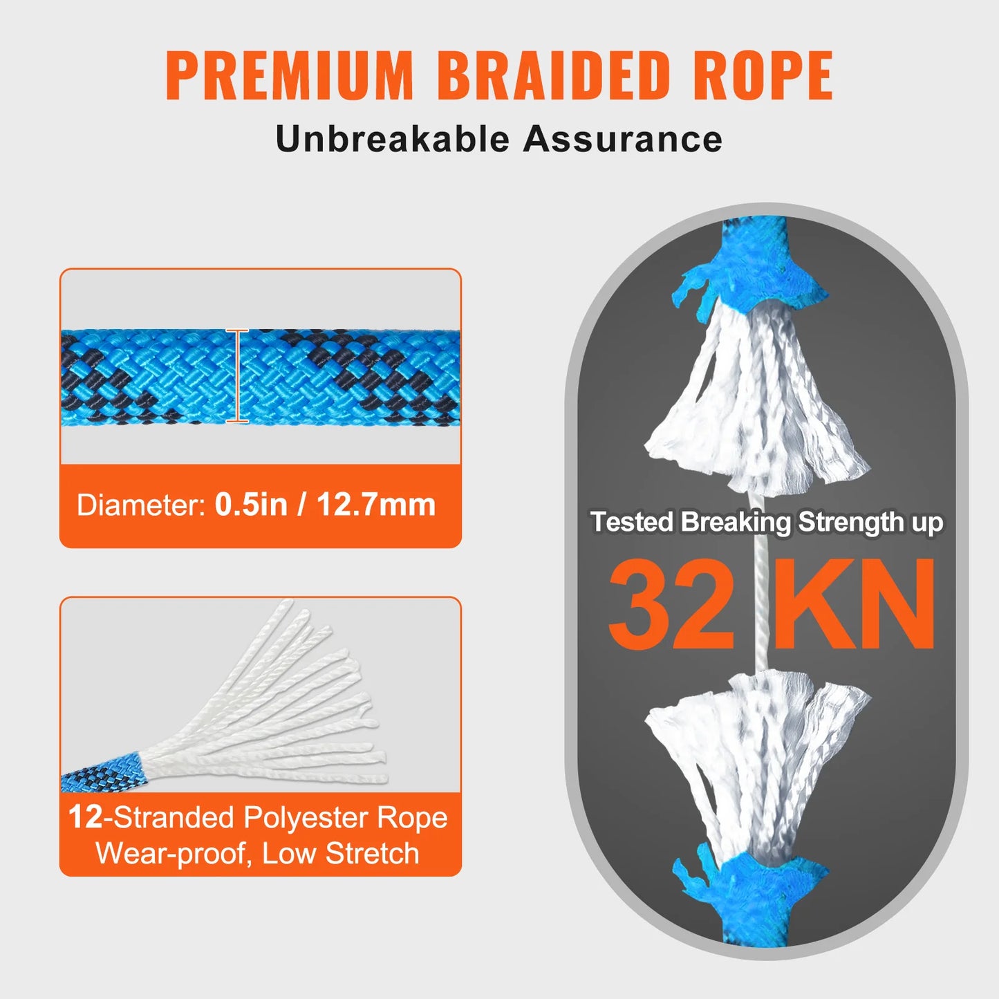 VEVOR Static Climbing Rope With Steel Snap Hooks 32kN