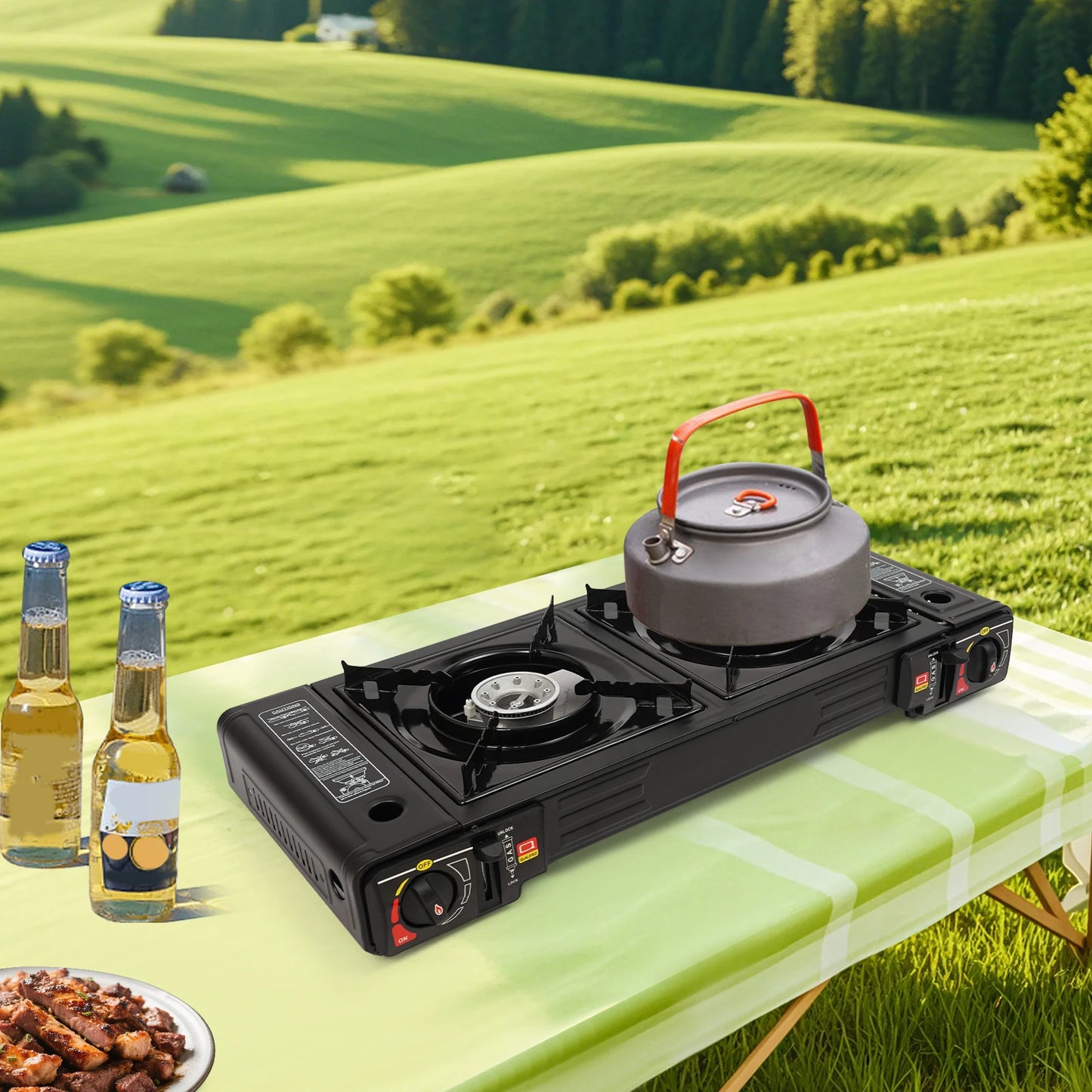 2 Burner 2500W Portable Camping Stove with Baking Tray Case