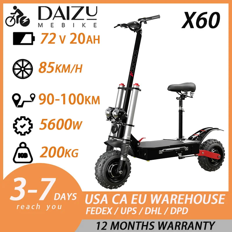 Off Road Electric Scooter 72V 6000W Dual Motors For Adults