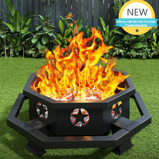 Hexagonal Outdoor Wood Burning Fire Pit With Poker