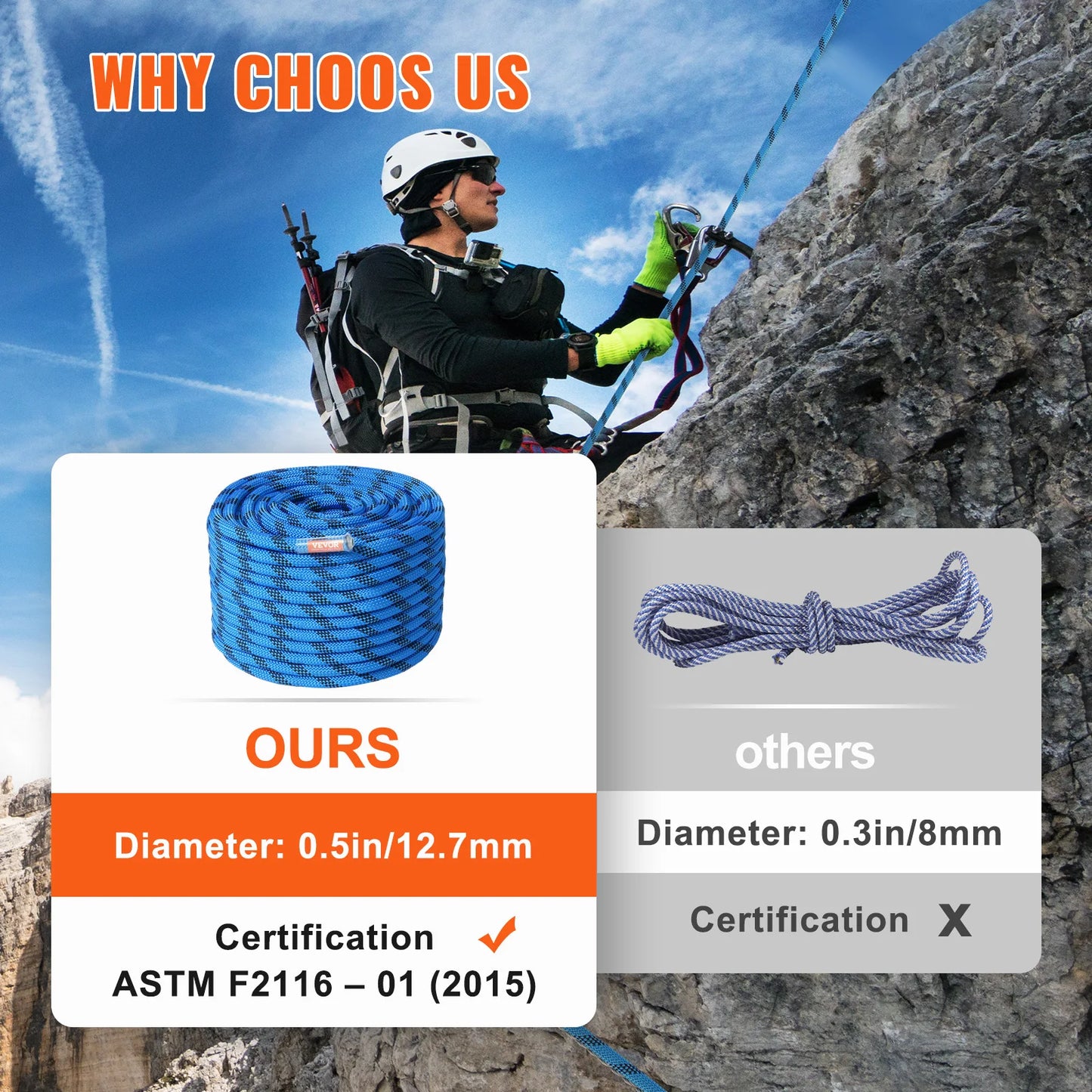 VEVOR Static Climbing Rope With Steel Snap Hooks 32kN