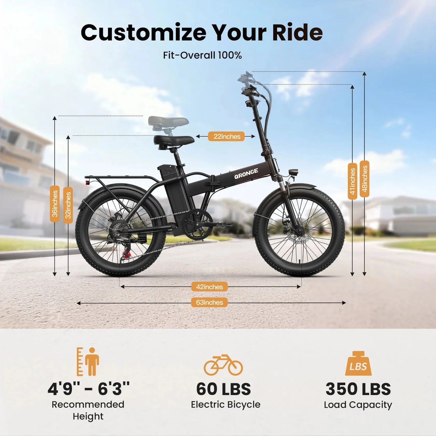 QRONGE Folding Electric Bike 1000W Peak With Removable Battery