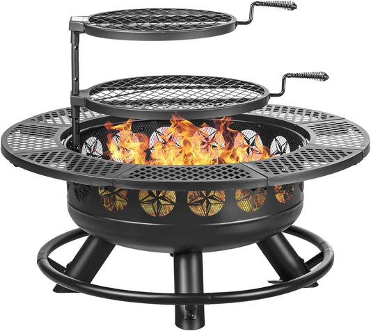 Outdoor Fire Pit With Two Grills And Lid For Backyard