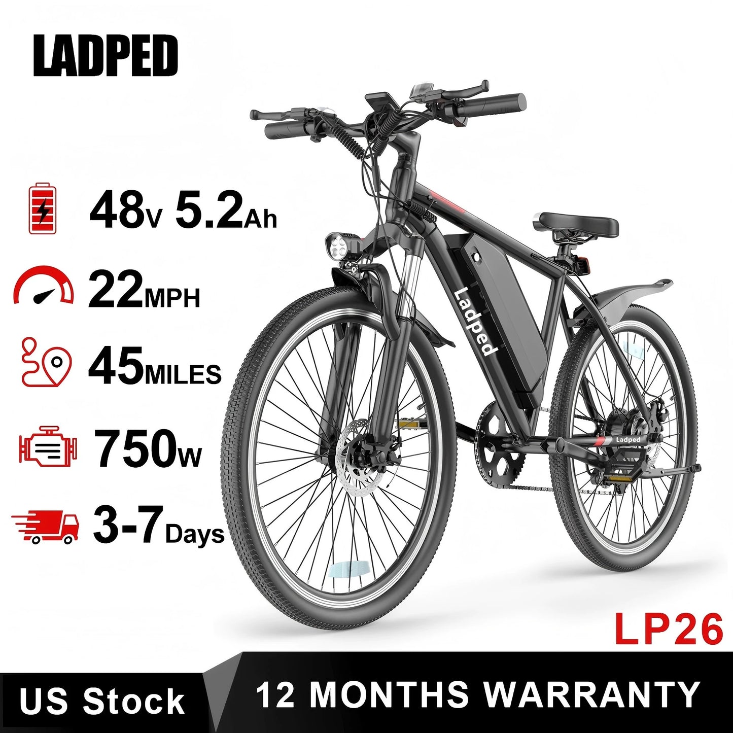 Ladped 750W Electric Mountain Bike Long Range All Terrain