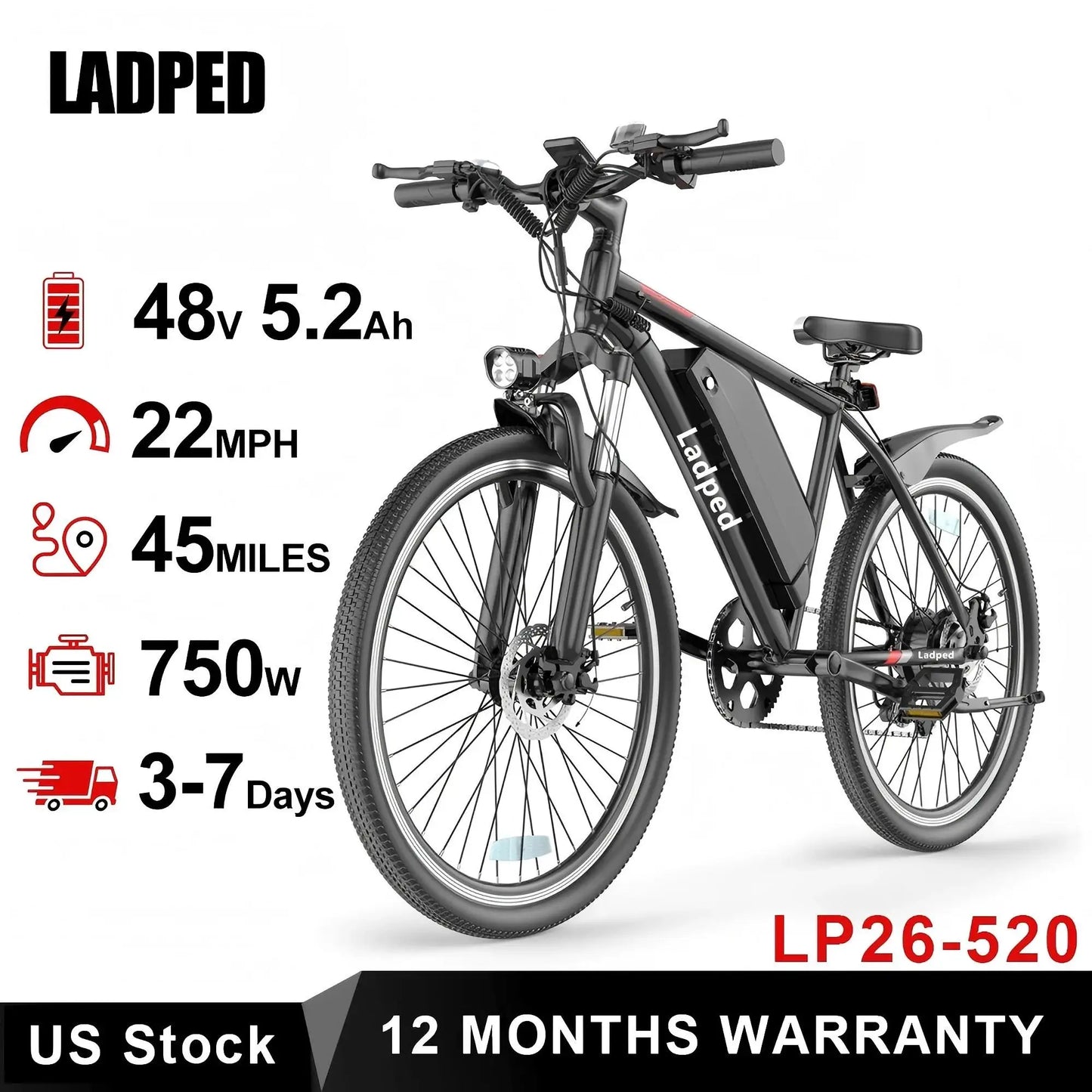 Ladped 750W Electric Mountain Bike Long Range All Terrain