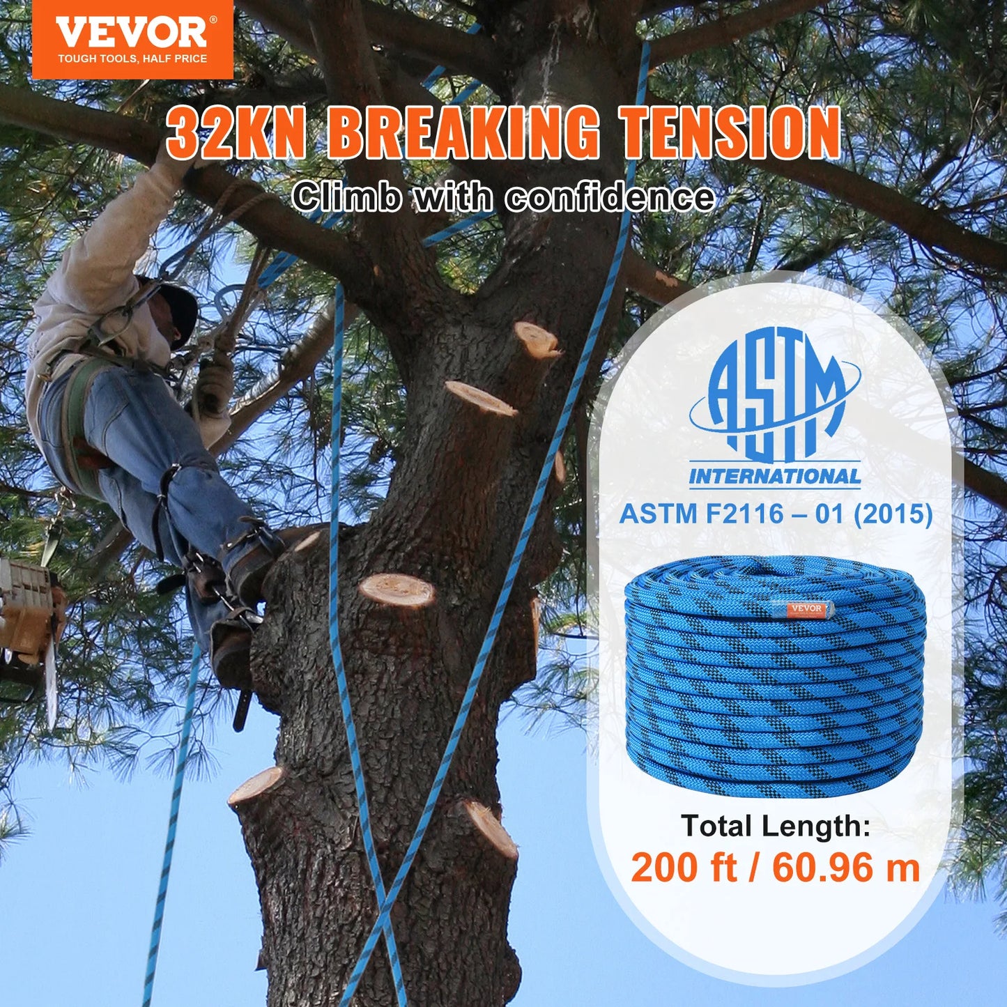 VEVOR Static Climbing Rope With Steel Snap Hooks 32kN