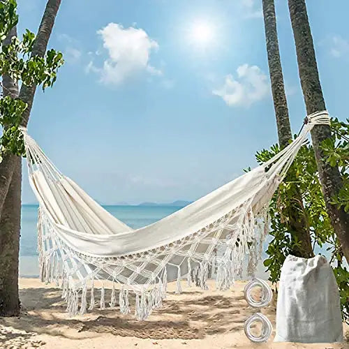 Cotton Canvas Hammock With Boho Fringe Tassels Outdoors