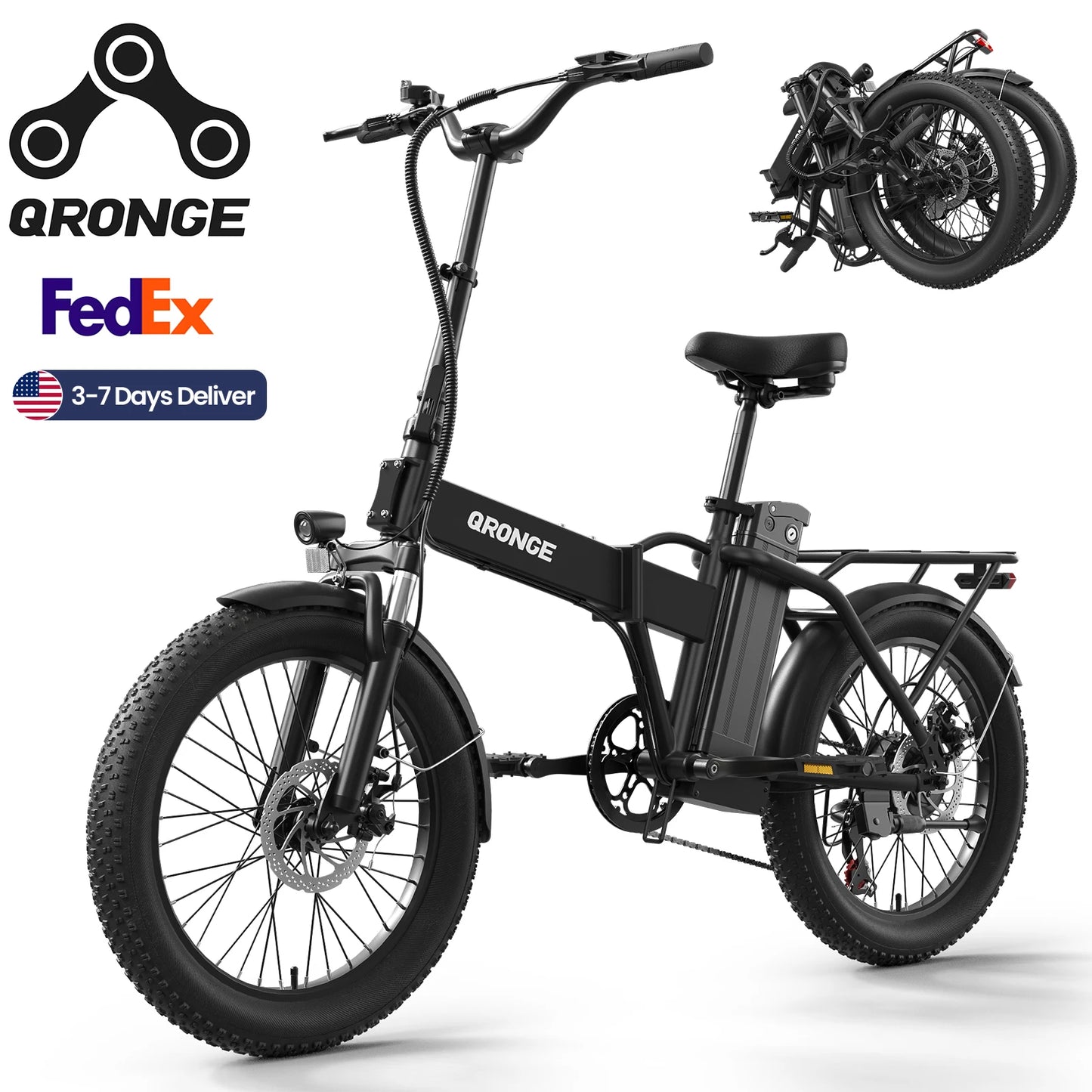 QRONGE Folding Electric Bike 1000W Peak With Removable Battery