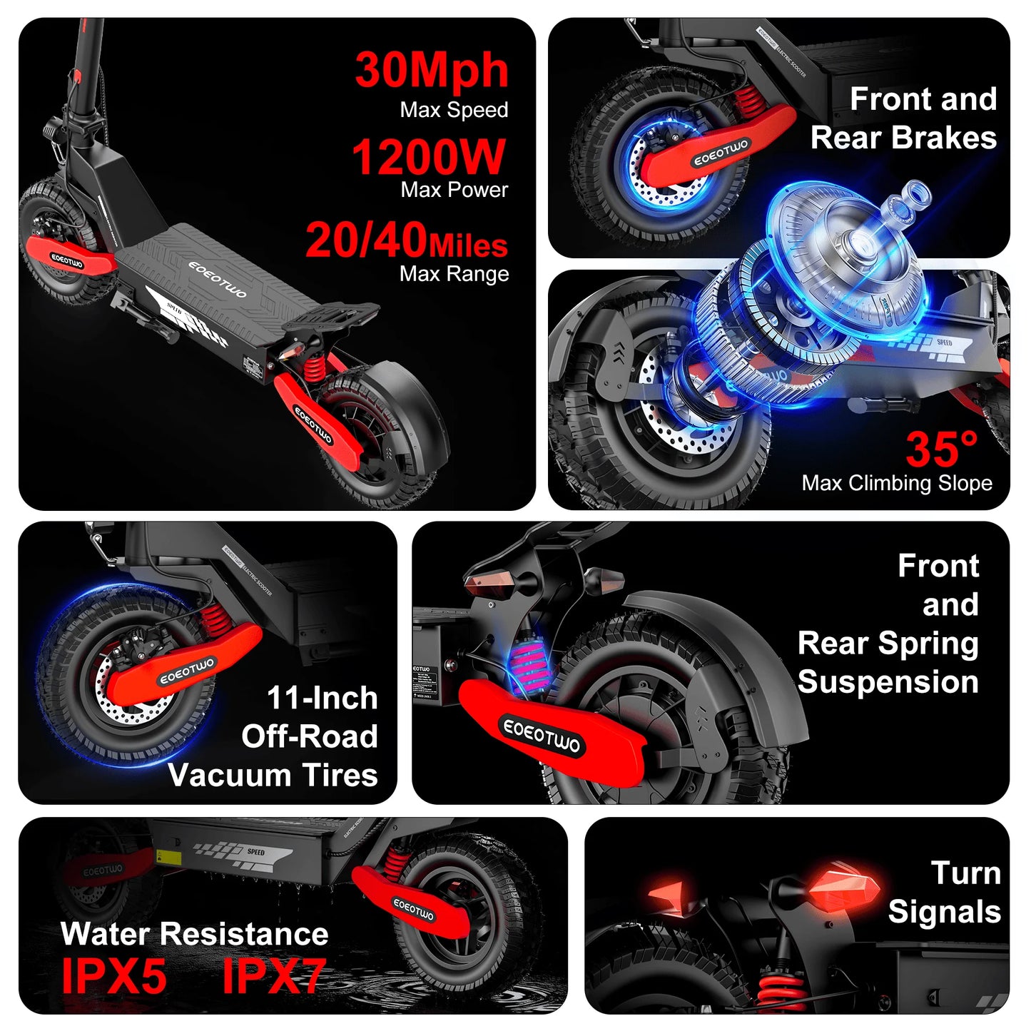 EOEOTWO GT06 Electric Scooter 1200W Motor 30 MPH Dual Suspension