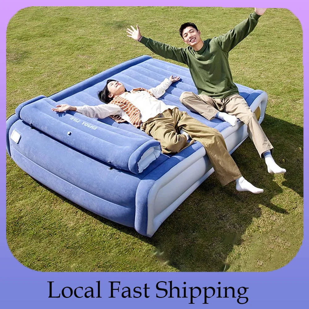 Two-Person Flocked Inflatable Mattress For Camping With Built-In Pump