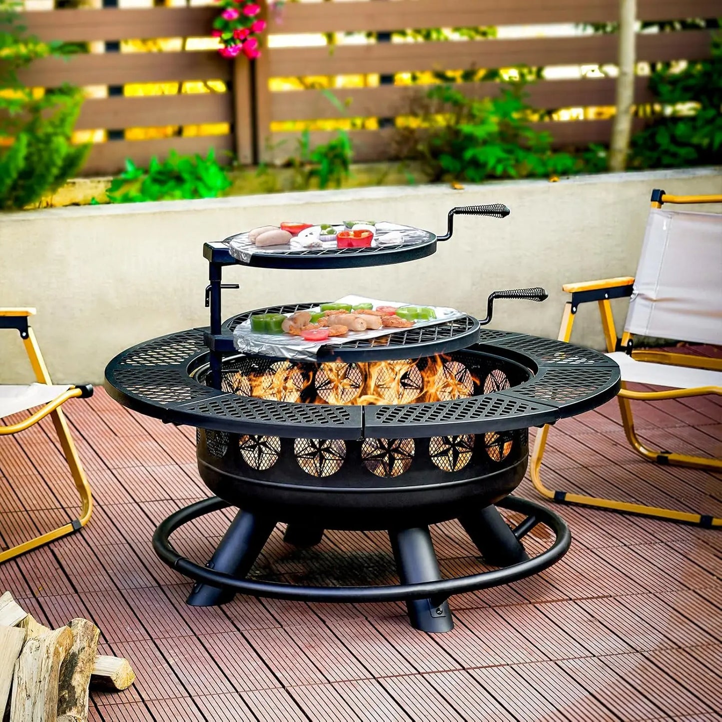Outdoor Fire Pit With Two Grills And Lid For Backyard