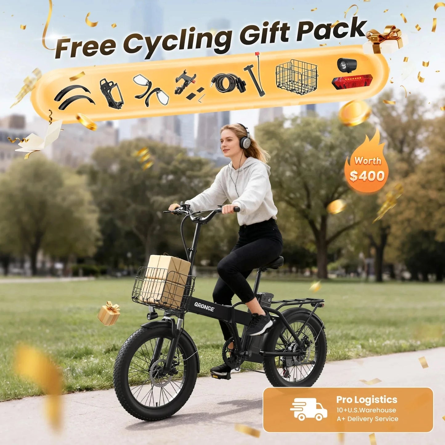 QRONGE Folding Electric Bike 1000W Peak With Removable Battery