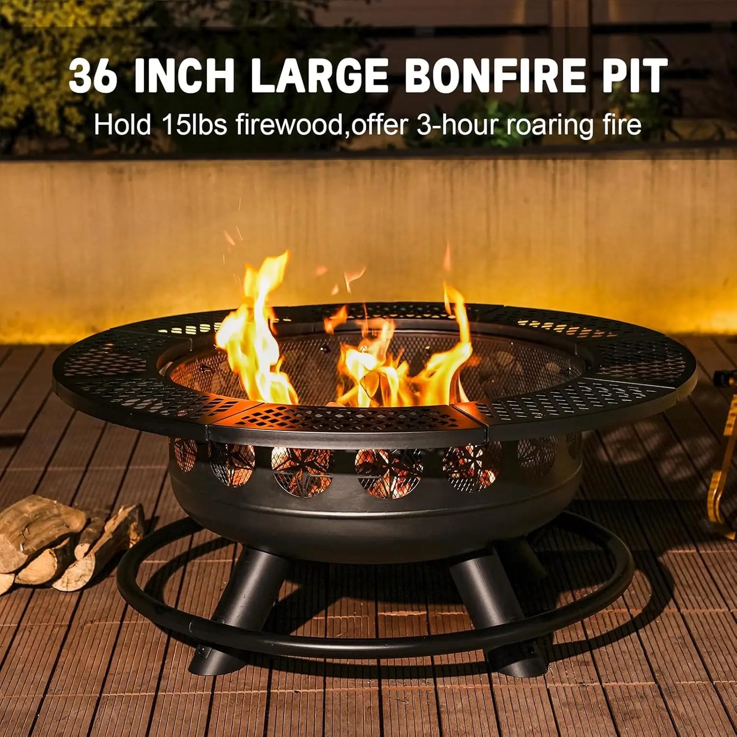 Outdoor Fire Pit With Two Grills And Lid For Backyard