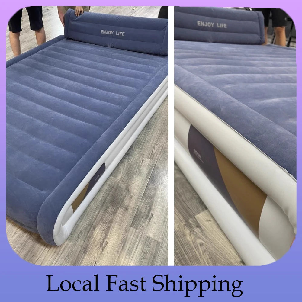 Two-Person Flocked Inflatable Mattress For Camping With Built-In Pump