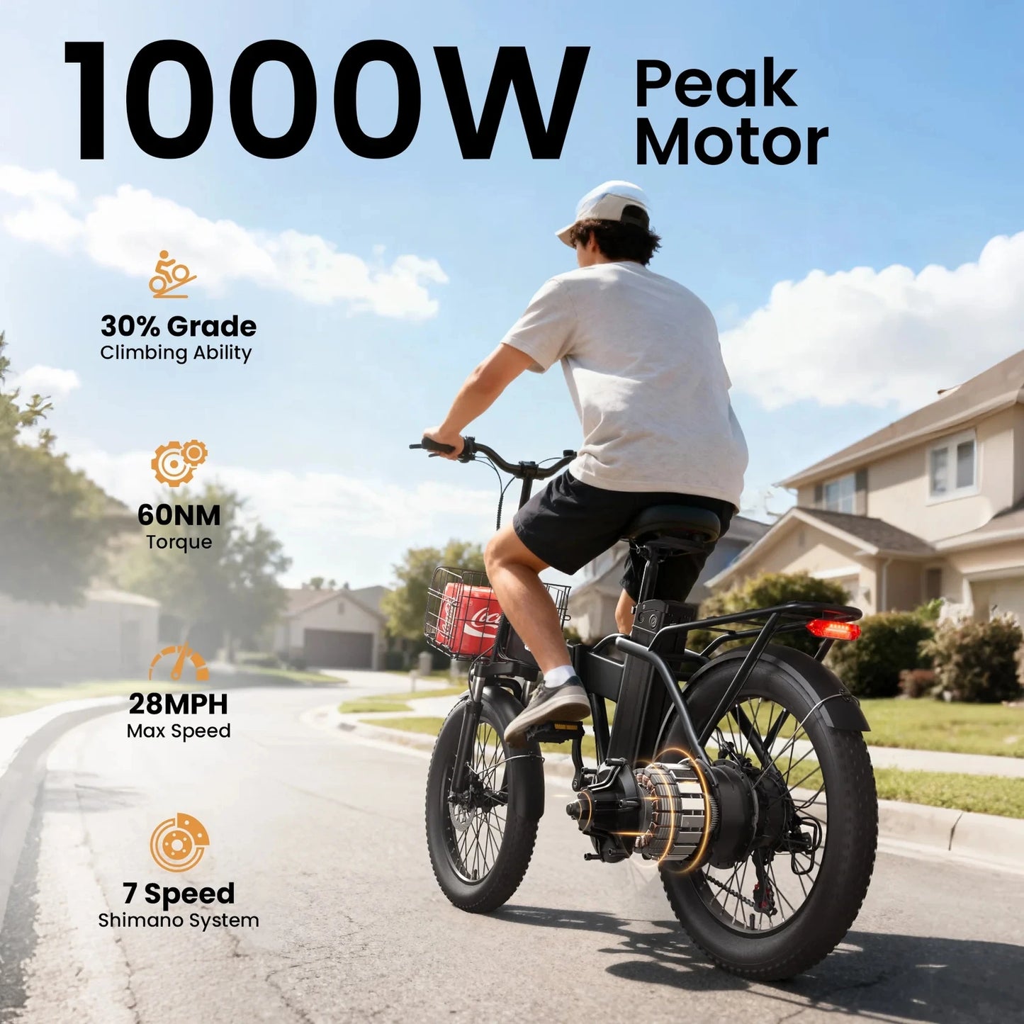 QRONGE Folding Electric Bike 1000W Peak With Removable Battery